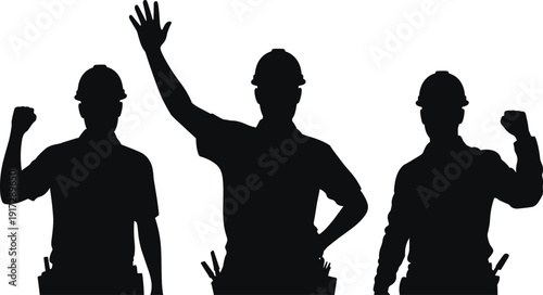 Construction worker silhouettes vector illustration, teamwork laborers wearing safety helmets, one waving hand gesture, isolated black figures on white background for industry design