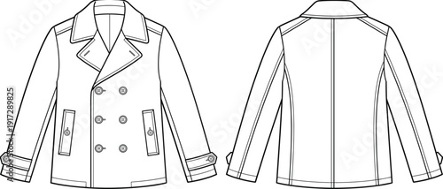 Front and back view of double breasted pea coat technical flat sketch, detailed outerwear apparel design template