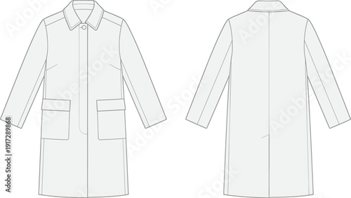 Front and back view of long trench coat technical flat sketch, detailed outerwear apparel design template illustration