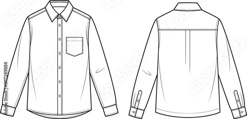 Front and back view of long sleeve button down shirt technical flat sketch, detailed apparel design template