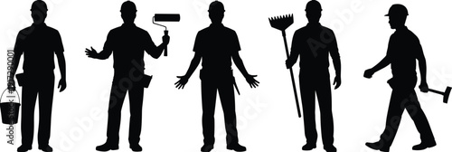 Construction worker silhouettes vector set, laborers with tools, isolated black figures on white background for industry workforce safety illustration design projects