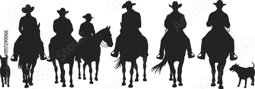 Silhouettes of five cowboys on horseback with two dogs in a western scene horses