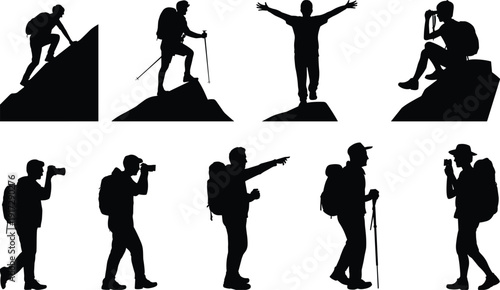 Silhouettes of hikers and photographers in various outdoor activities on a white background