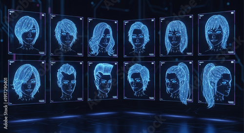 Digital Holographic Faces Displayed on Screens.