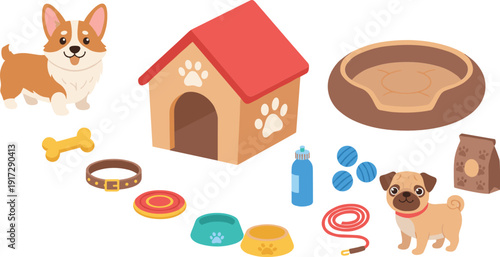 Cute dog care accessories collection with puppy house food bowls toys and pet supplies isolated on white background