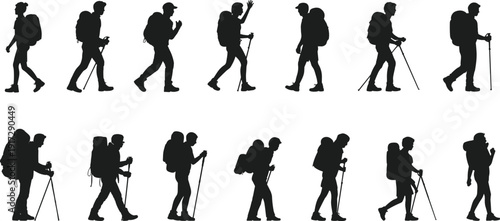 Silhouettes of Hikers Walking with Backpacks and Trekking Poles on a White Background