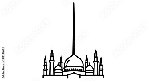 A black and white drawing of a mosque
