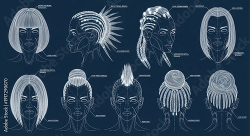 Collection of Futuristic Hairstyles and Faces Blueprint Style.
