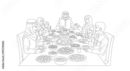 A family sitting around a table with food