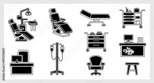 Collection of medical equipment and furniture icons.