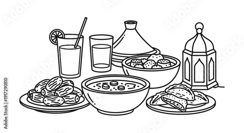A table setting with various food and drink items