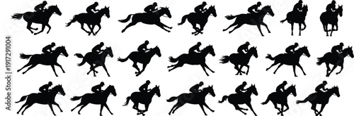 Silhouettes of jockeys riding horses in various racing positions on a white background black