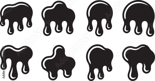 Dripping liquid and slime silhouette set. Black paint, melted chocolate, or oil drip symbols. Glossy oozing vector elements.