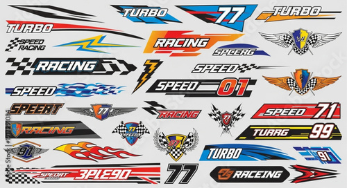 Collection of racing and speed graphic stickers and decals.