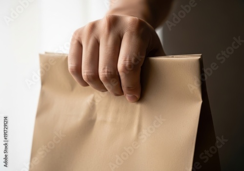 A hand holding a brown paper bag in front of a window with natural light