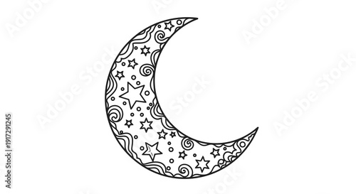 A crescent moon with stars and patterns
