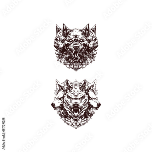 Vintage engraving illustration of three aggressive snarling wolf heads with sharp teeth and ornate decorative flourishes on a black background.