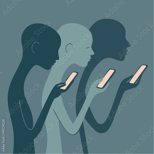 social commentary through design; moody, modern, and sharply thematic three human‑like figures in layered blue silhouettes, each absorbed in a glowing smartphone