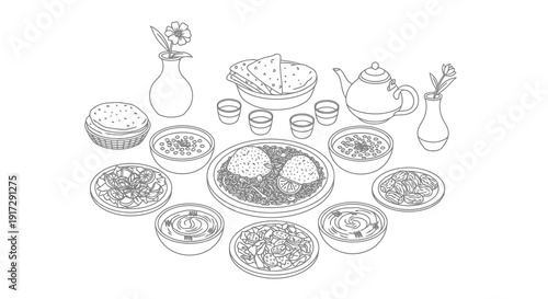 A table setting with various dishes and tea set