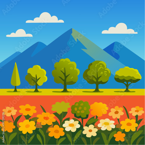 lush, structured, and wonderfully storybook‑bright;  a row of varied green trees, a foreground bursting with orange, yellow, and white flowers, and those big blue mountains rising behind everything