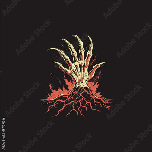 Vintage illustration of a creepy skeletal monster hand rising from the ground with twisted roots and flickering flames on a black background.