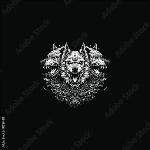 Vintage engraving illustration of three aggressive snarling wolf heads with sharp teeth and ornate decorative flourishes on a black background.