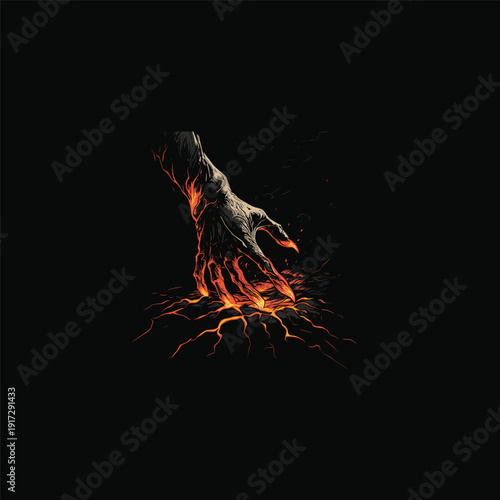 Vintage illustration of a creepy skeletal monster hand rising from the ground with twisted roots and flickering flames on a black background.