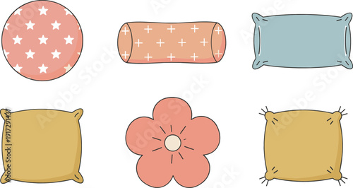 Decorative pillow and cushion shapes icon set with floral and geometric patterns in soft pastel flat illustration style