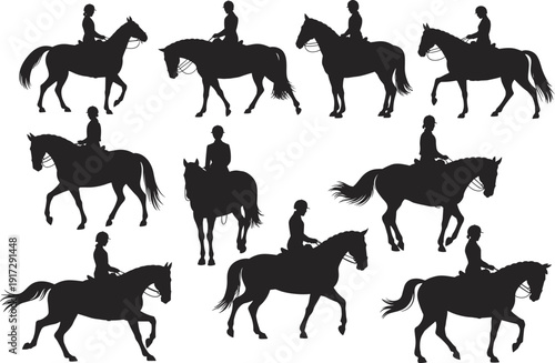 Silhouettes of people riding horses in various poses on a white background equestrian