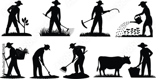 Farmer silhouette set performing agriculture tasks vector illustration, rural farming activities including planting watering harvesting livestock care, traditional countryside farm work