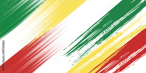 Grunge brush strokes in red, yellow, and green with halftone pattern on white background. Perfect for reggae themes, music flyers, cultural designs, and creative artwork.