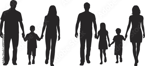 Two Families of Four Holding Hands Silhouettes Against White Background four people black