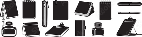 Modern and vintage writing instruments and stationery icons on grid background