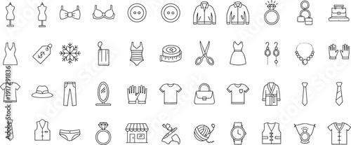 Comprehensive Fashion and Clothing Icon Set Featuring Apparel Accessories Sewing Tools Jewelry Mannequins and Retail Symbols in Minimal Line Art