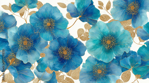 Luxury Blue Floral Illustration Background Wallpaper

