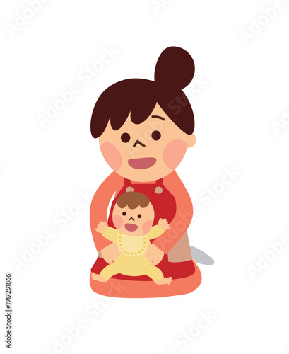 赤ちゃんを膝にのせて座る女性