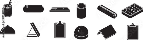 Office supplies and stationery items in black silhouette for organization and work