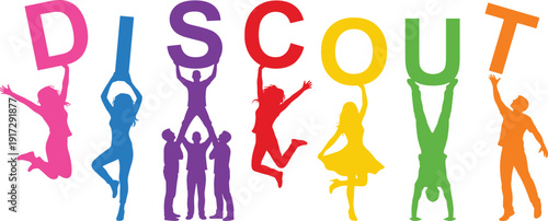 PrintColorful silhouette people holding letters forming the word discount as a team to promote sales, marketing, business offers, retail promotions, and financial savings.