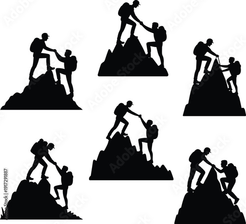 Two people climbing a mountain with one helping the other in various stages of ascent silhouette black