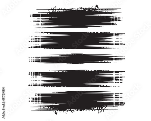 Black grunge brush stroke set. Rough ink paint banners and censorship bars for redacted text. Vector texture labels.
