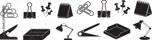 Office supplies icons for stationery and desk organization on transparent background