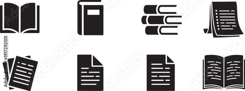 Set of black book and paper icons on transparent background for education and business use