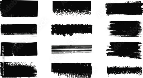 Grunge brush stroke texture set. Black paint strips and rough ink smear elements. Distressed vector brush pack.