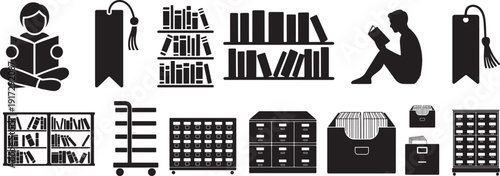 Set of black library and reading icons, vector illustration on transparent background