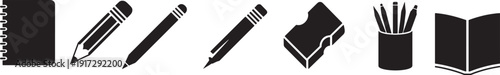 Set of school and office supplies for drawing and writing black silhouette icons