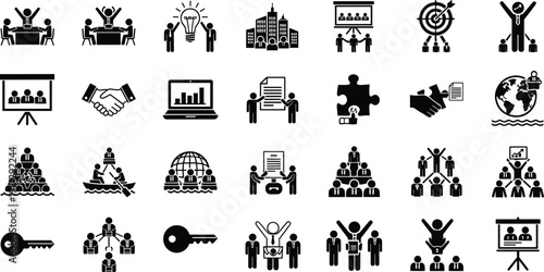 Business Teamwork Success Icons Set, Partnership Handshake Team Hierarchy Presentation Goal Achievement Collaboration Leadership Conference Vector Black Silhouette Illustration