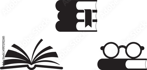 Stack of books open book and glasses on book icons for learning on transparent