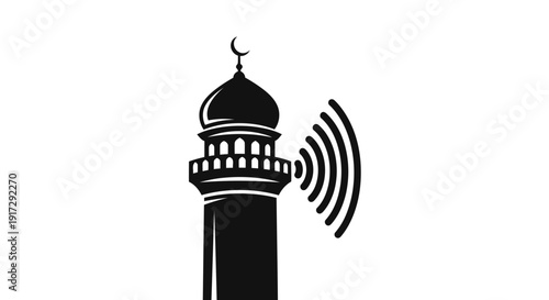 A black and white image of a mosque with a sound wave