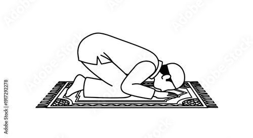 A person is kneeling on a prayer mat in a position of prostration