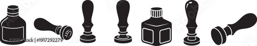 Stamp and ink bottle icons set containing vintage wooden rubber stamps and glass ink containers